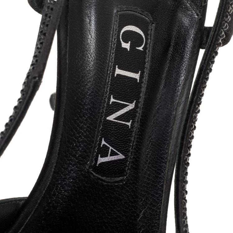 Pre Owned Gina Black Satin Pointed Toe Slingback Pumps Size 38.5