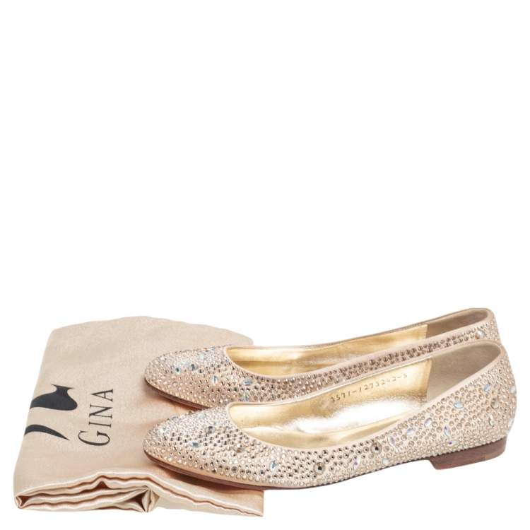 مملوكة مسبقًا Gina Beige Crystal Embellished Satin Ballet Flats Size 38