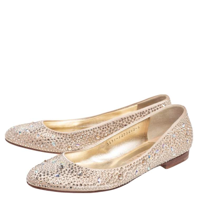 مملوكة مسبقًا Gina Beige Crystal Embellished Satin Ballet Flats Size 38