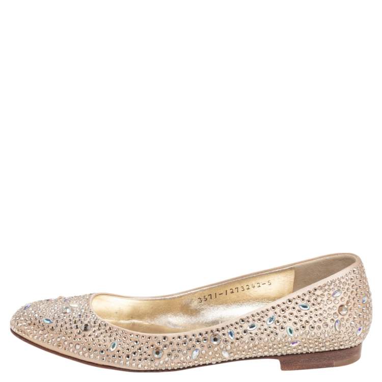 مملوكة مسبقًا Gina Beige Crystal Embellished Satin Ballet Flats Size 38