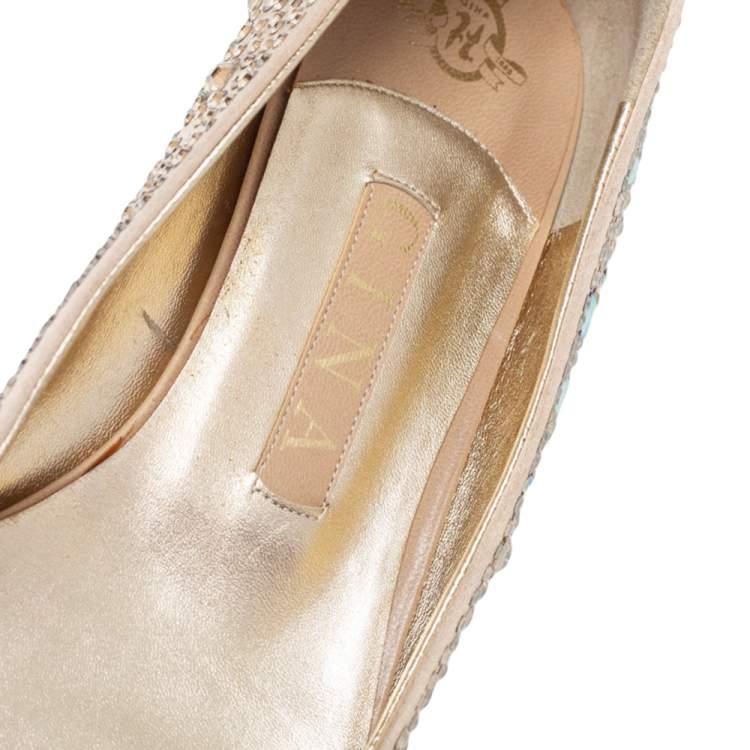 مملوكة مسبقًا Gina Beige Crystal Embellished Satin Ballet Flats Size 38
