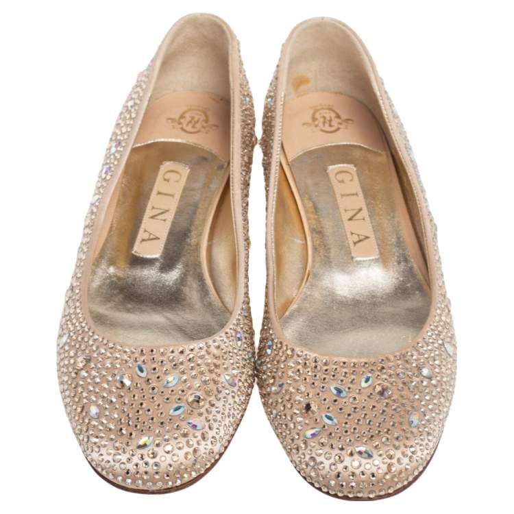 مملوكة مسبقًا Gina Beige Crystal Embellished Satin Ballet Flats Size 38