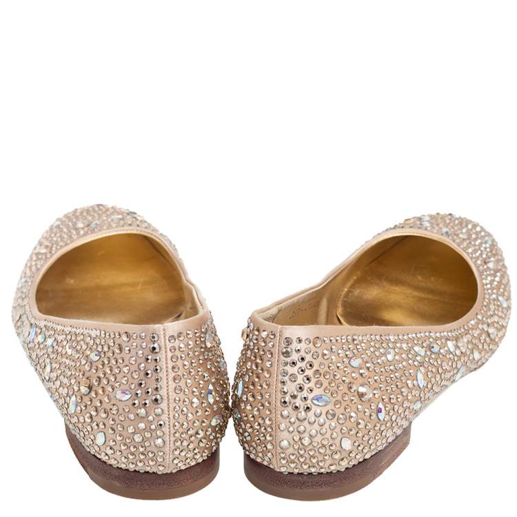 مملوكة مسبقًا Gina Beige Crystal Embellished Satin Ballet Flats Size 38