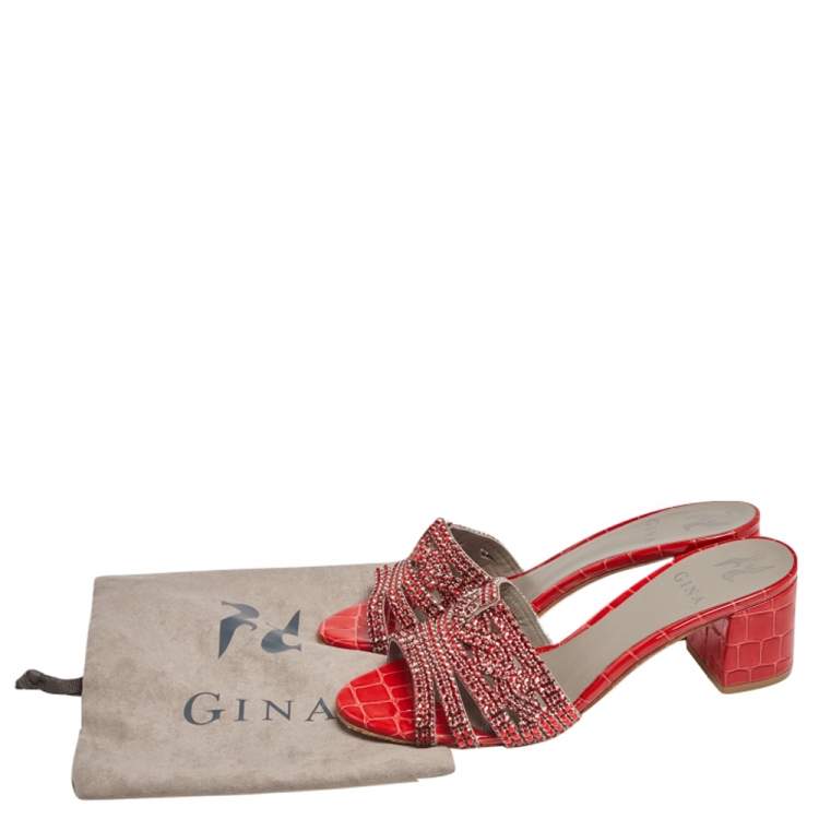 Pre Owned Gina Red  Croc Embossed Patent Leather Rodeo Crystal Embellished Block Heel Slides Size 38