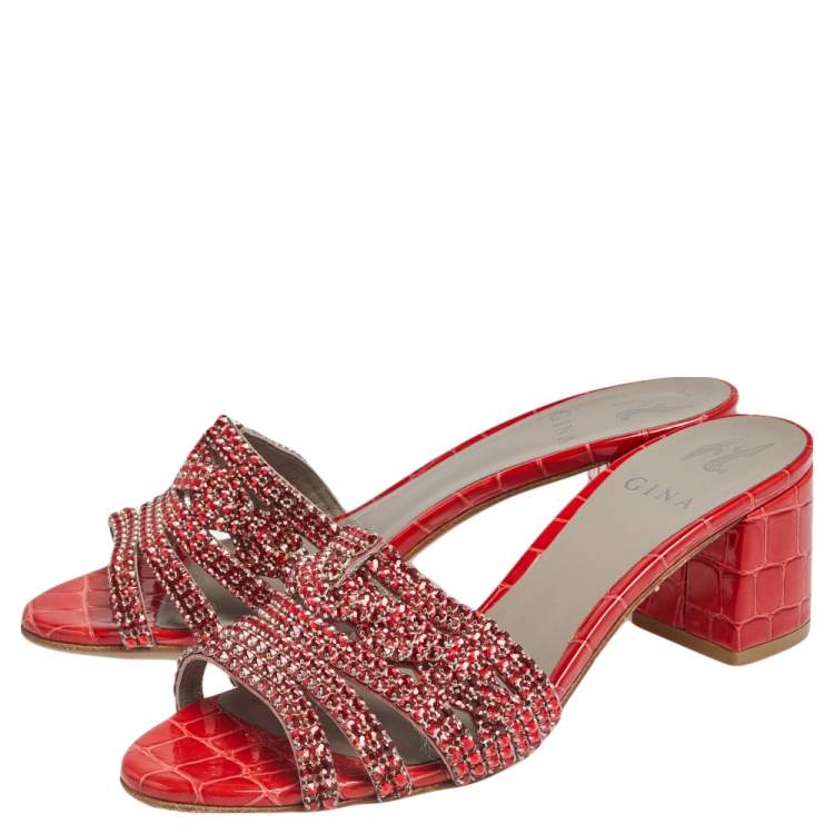 Pre Owned Gina Red  Croc Embossed Patent Leather Rodeo Crystal Embellished Block Heel Slides Size 38