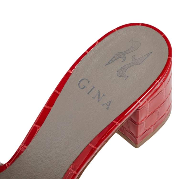 Pre Owned Gina Red  Croc Embossed Patent Leather Rodeo Crystal Embellished Block Heel Slides Size 38