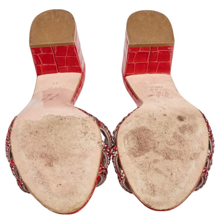 Pre Owned Gina Red  Croc Embossed Patent Leather Rodeo Crystal Embellished Block Heel Slides Size 38