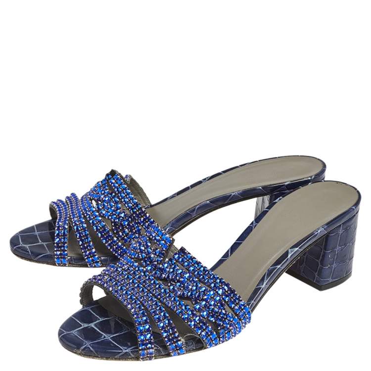 Pre Owned Gina Blue Crystal Embellished Croc Embossed Patent Leather Rodeo Block Heel Slides Size 38