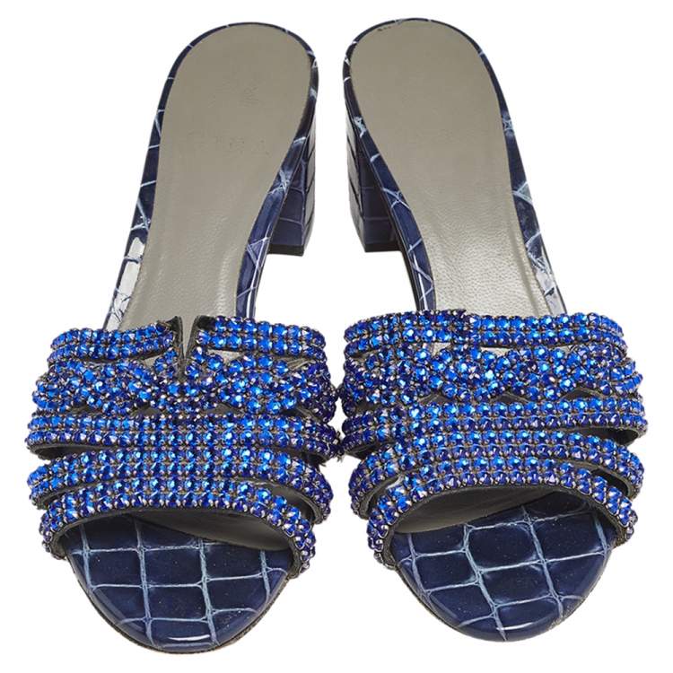 Pre Owned Gina Blue Crystal Embellished Croc Embossed Patent Leather Rodeo Block Heel Slides Size 38