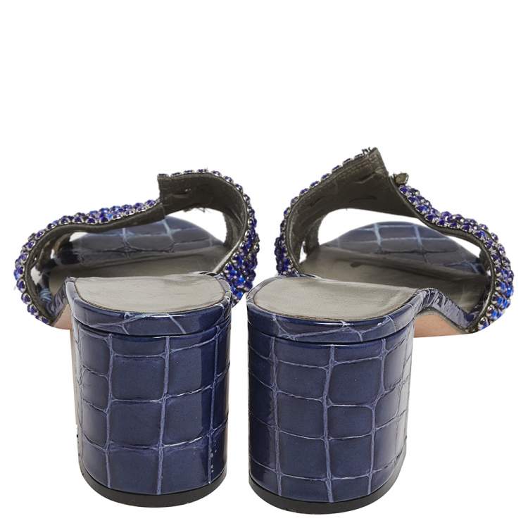 Pre Owned Gina Blue Crystal Embellished Croc Embossed Patent Leather Rodeo Block Heel Slides Size 38