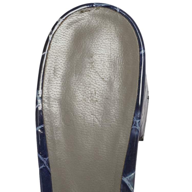 Pre Owned Gina Blue Crystal Embellished Croc Embossed Patent Leather Rodeo Block Heel Slides Size 38