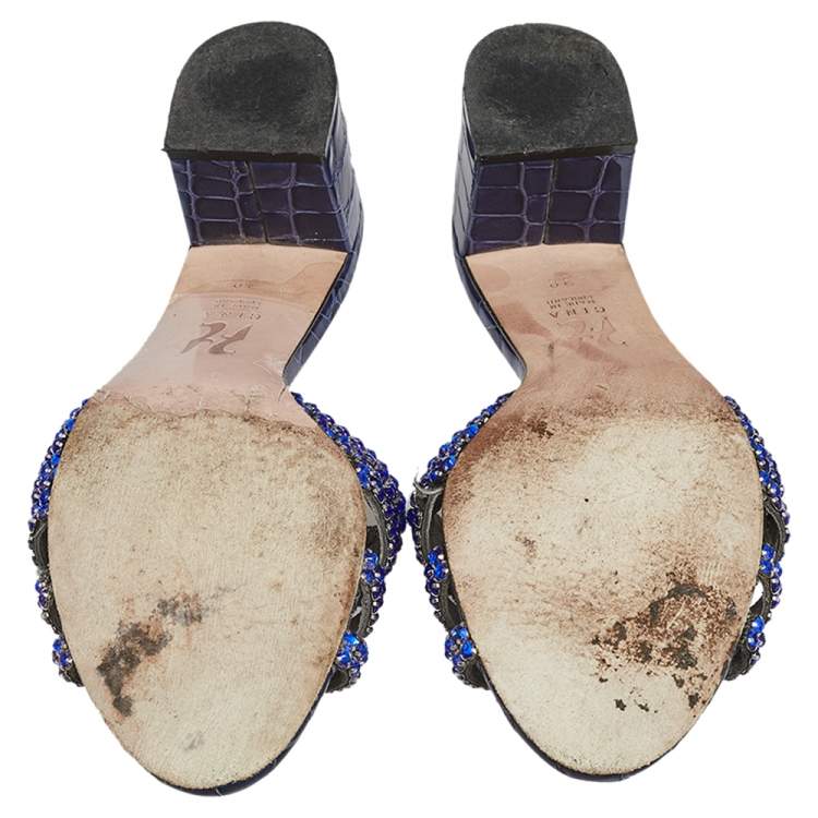 Pre Owned Gina Blue Crystal Embellished Croc Embossed Patent Leather Rodeo Block Heel Slides Size 38