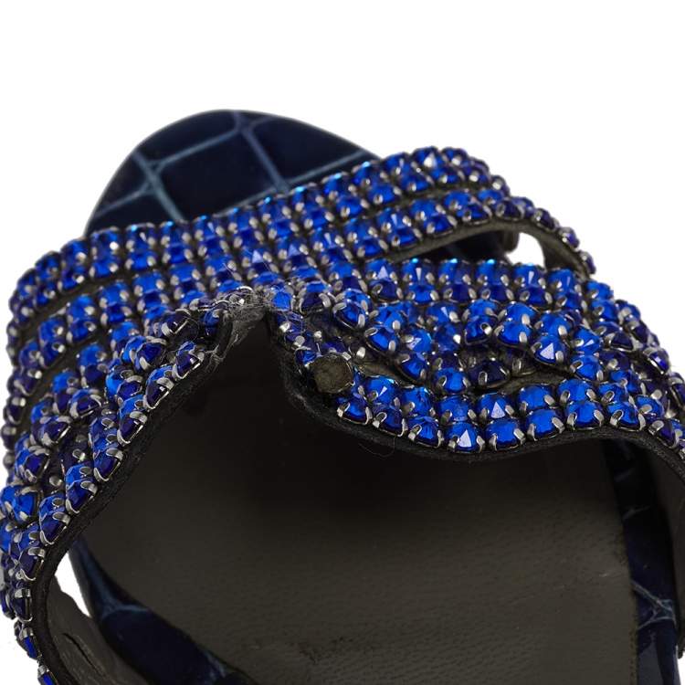 Pre Owned Gina Blue Crystal Embellished Croc Embossed Patent Leather Rodeo Block Heel Slides Size 38