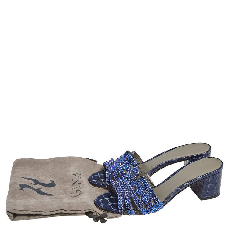 Pre Owned Gina Blue Crystal Embellished Croc Embossed Patent Leather Rodeo Block Heel Slides Size 38