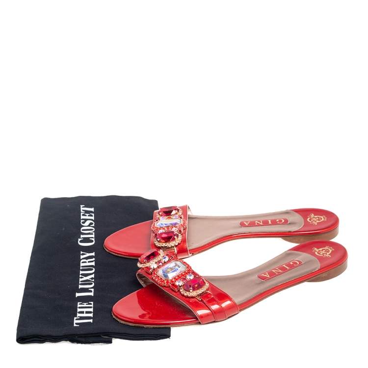 Pre Owned Gina Red Patent Leather Crystal Embellished Flat Slides Size 41