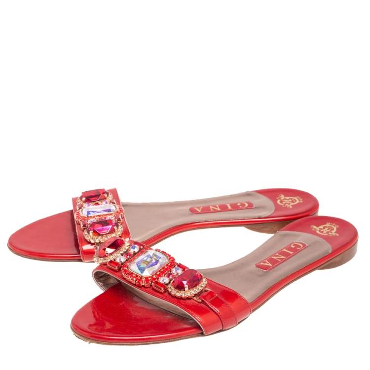 Pre Owned Gina Red Patent Leather Crystal Embellished Flat Slides Size 41