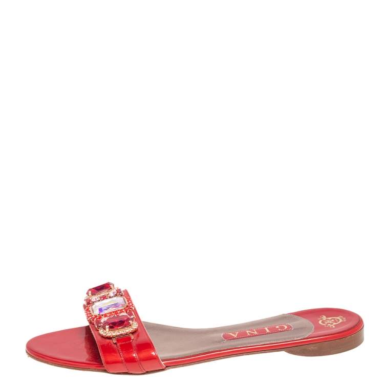 Pre Owned Gina Red Patent Leather Crystal Embellished Flat Slides Size 41