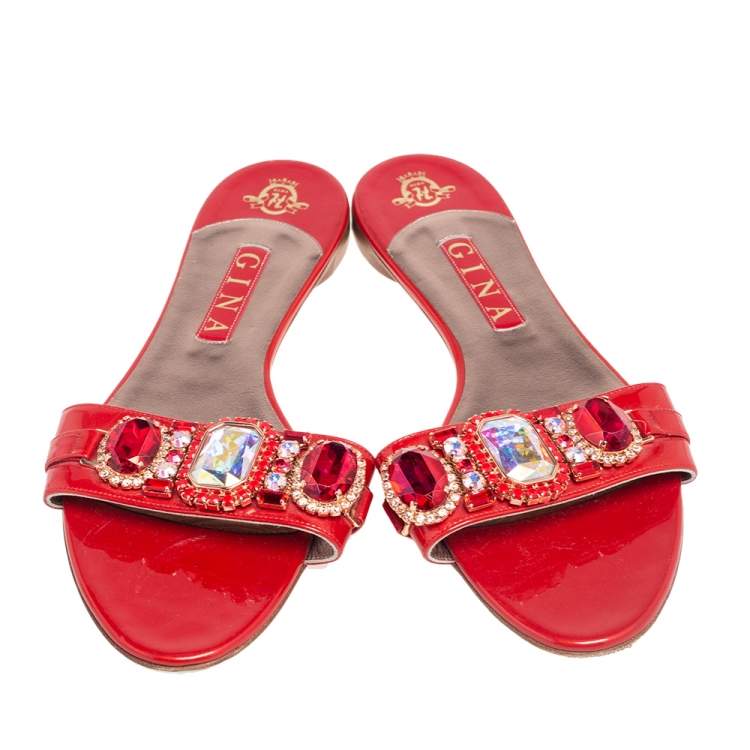 Pre Owned Gina Red Patent Leather Crystal Embellished Flat Slides Size 41