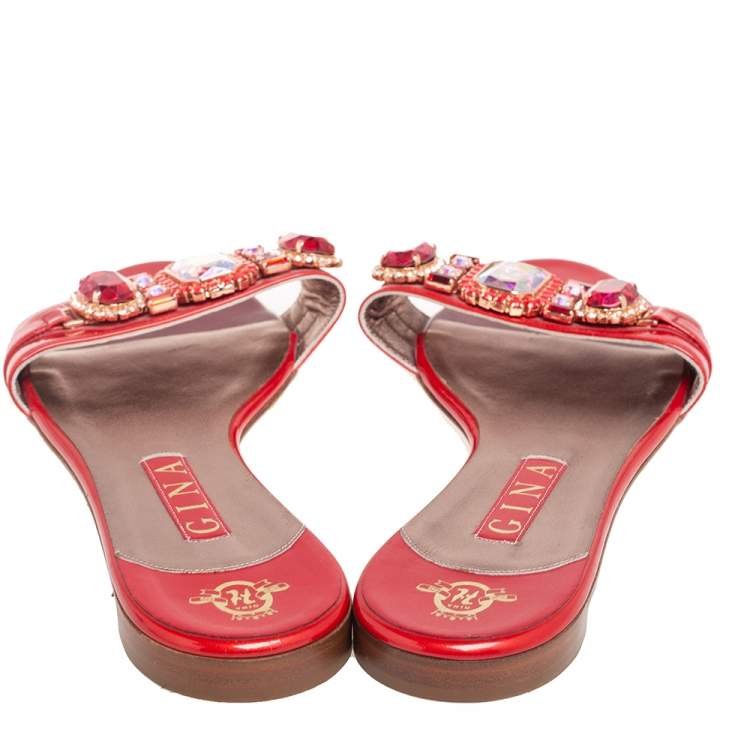 Pre Owned Gina Red Patent Leather Crystal Embellished Flat Slides Size 41
