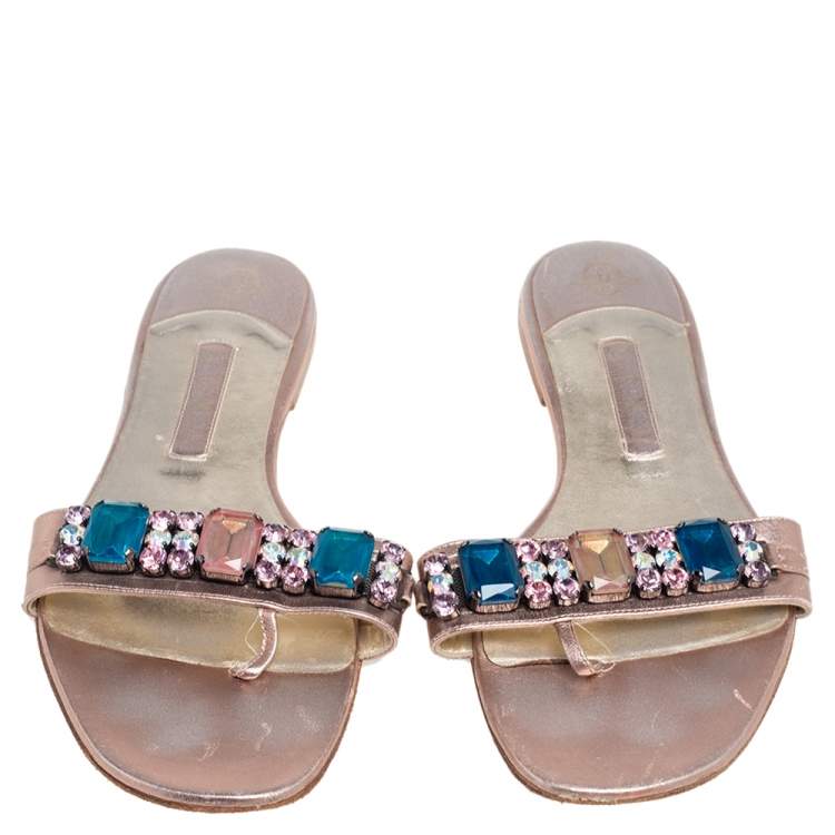 Pre Owned Gina Metallic Beige  Leather Crystal Embellished Slip On Flat Slides Size 41