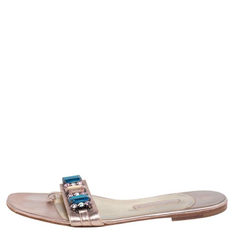 Pre Owned Gina Metallic Beige  Leather Crystal Embellished Slip On Flat Slides Size 41