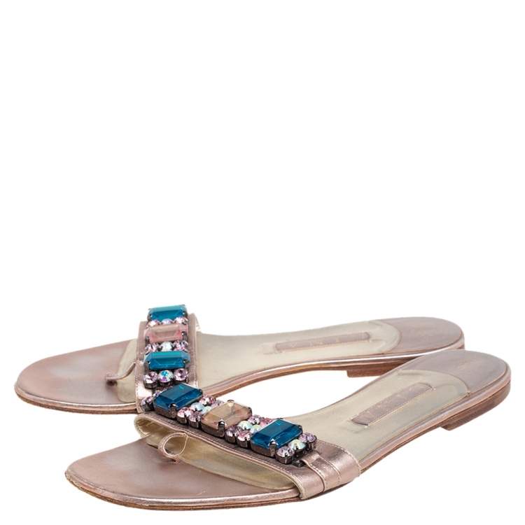 Pre Owned Gina Metallic Beige  Leather Crystal Embellished Slip On Flat Slides Size 41