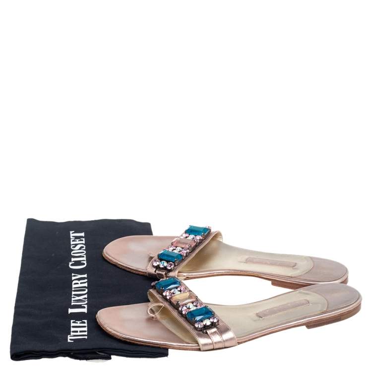 Pre Owned Gina Metallic Beige  Leather Crystal Embellished Slip On Flat Slides Size 41