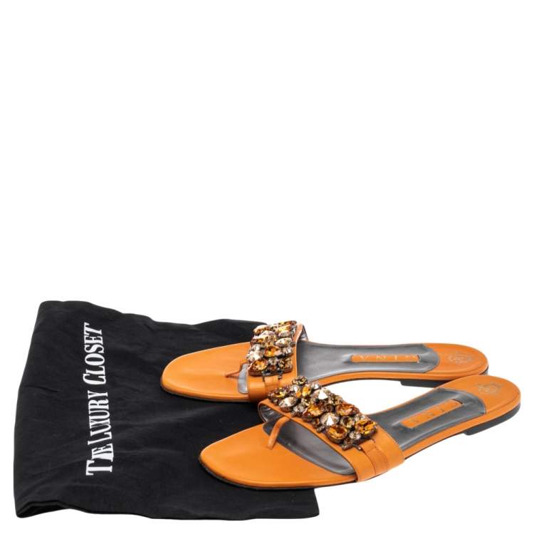 Pre Owned Gina Orange Leather Crystal Embellished Slip On Flat Slides Size 41.5