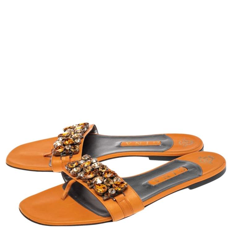 Pre Owned Gina Orange Leather Crystal Embellished Slip On Flat Slides Size 41.5