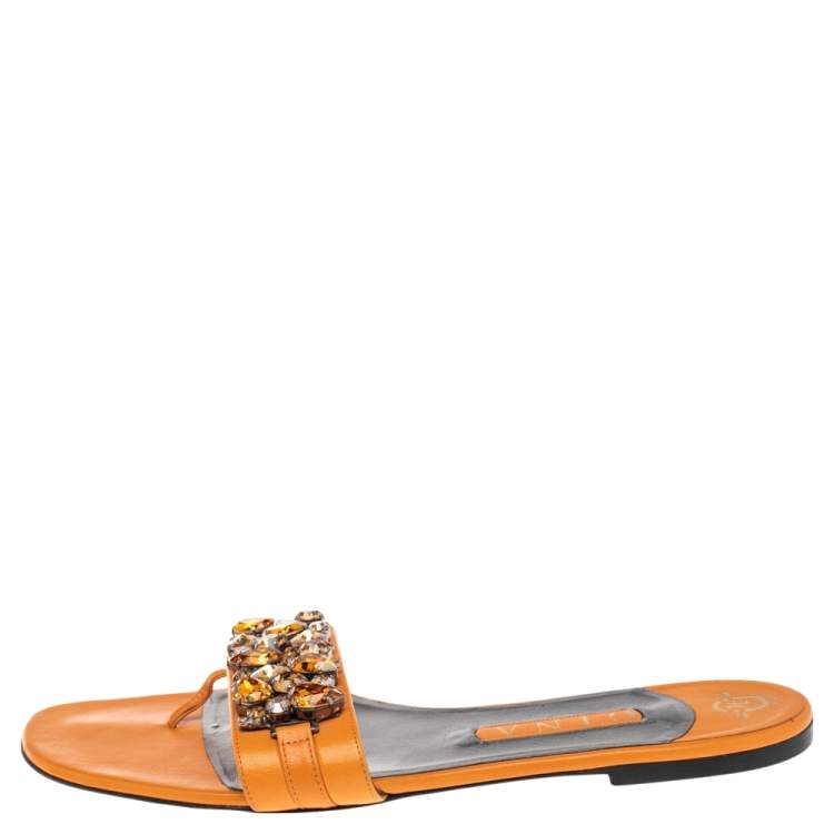 Pre Owned Gina Orange Leather Crystal Embellished Slip On Flat Slides Size 41.5