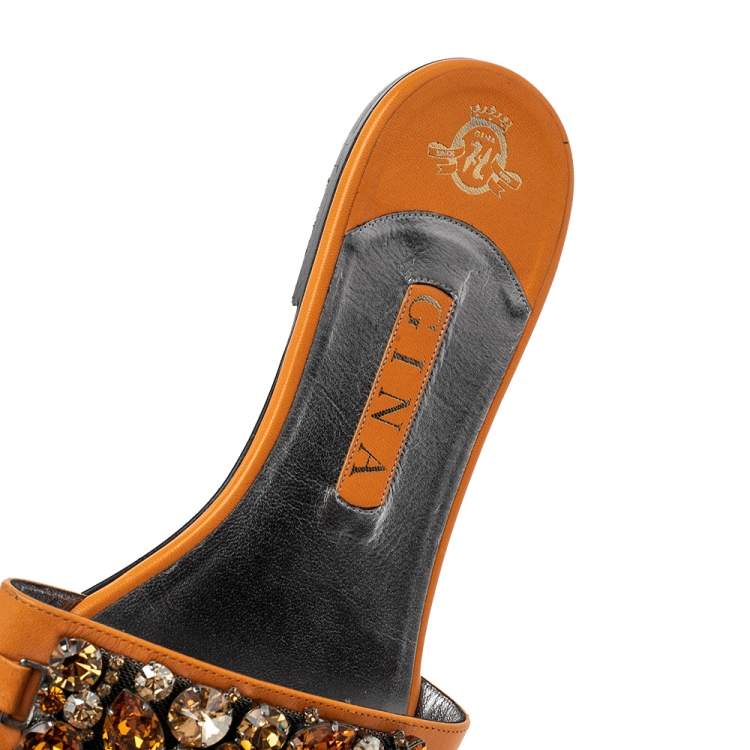 Pre Owned Gina Orange Leather Crystal Embellished Slip On Flat Slides Size 41.5