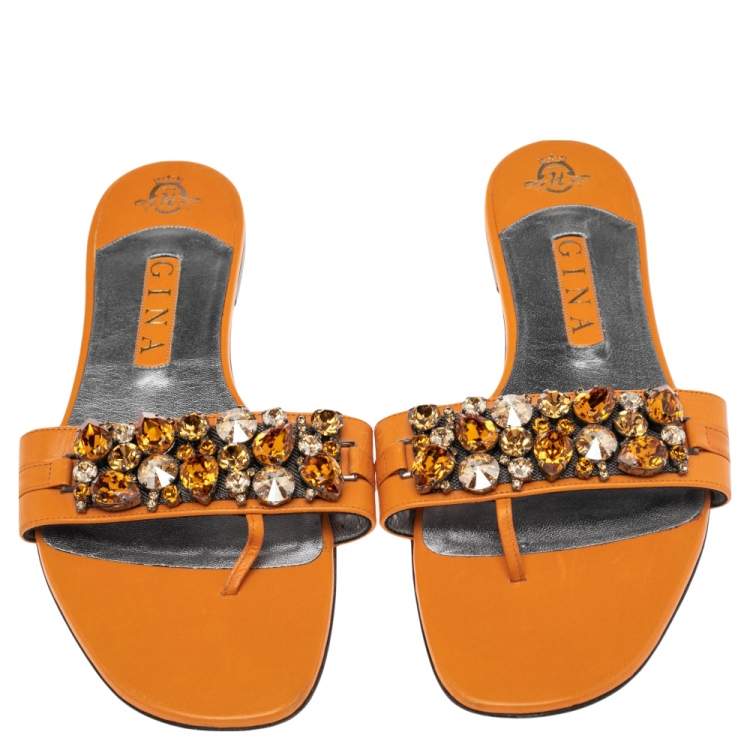 Pre Owned Gina Orange Leather Crystal Embellished Slip On Flat Slides Size 41.5