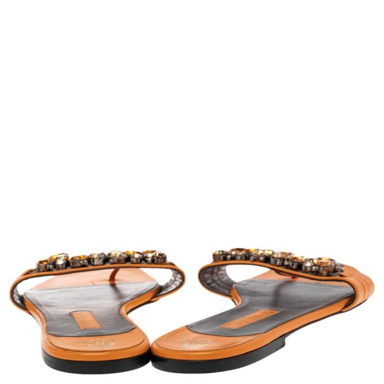 Pre Owned Gina Orange Leather Crystal Embellished Slip On Flat Slides Size 41.5