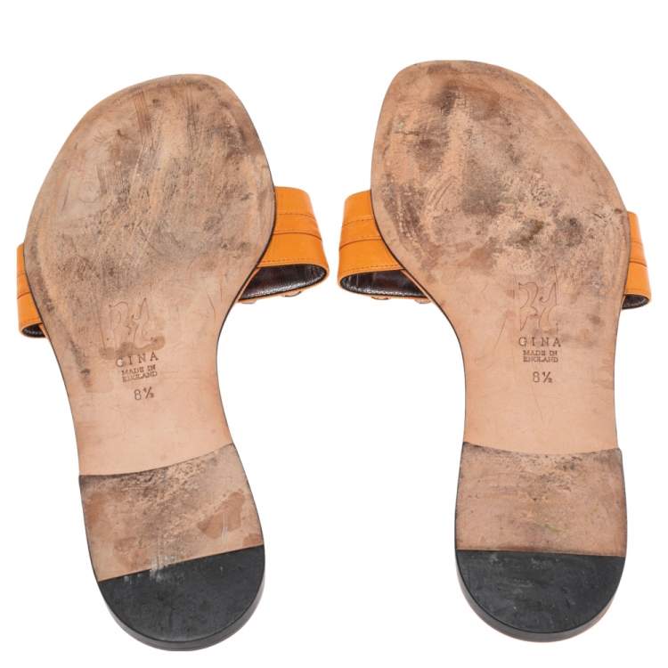 Pre Owned Gina Orange Leather Crystal Embellished Slip On Flat Slides Size 41.5