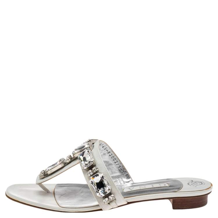 Pre Owned Gina White Leather Crystal Embellished Thong Flat Slides Size 40.5
