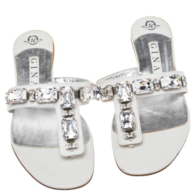 Pre Owned Gina White Leather Crystal Embellished Thong Flat Slides Size 40.5