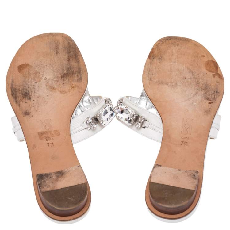 Pre Owned Gina White Leather Crystal Embellished Thong Flat Slides Size 40.5
