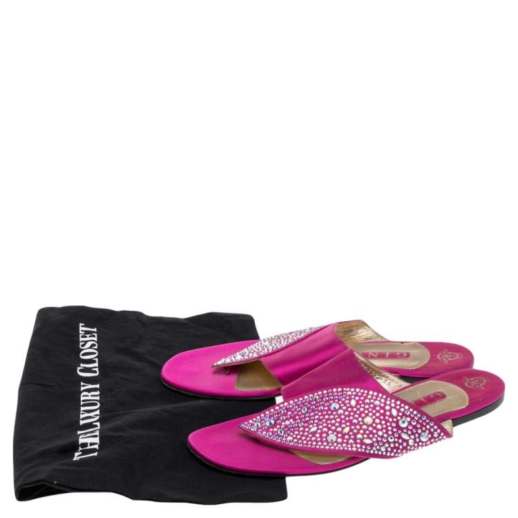 Pre Owned Gina Pink Satin Studded Flat Sandals Size 40.5