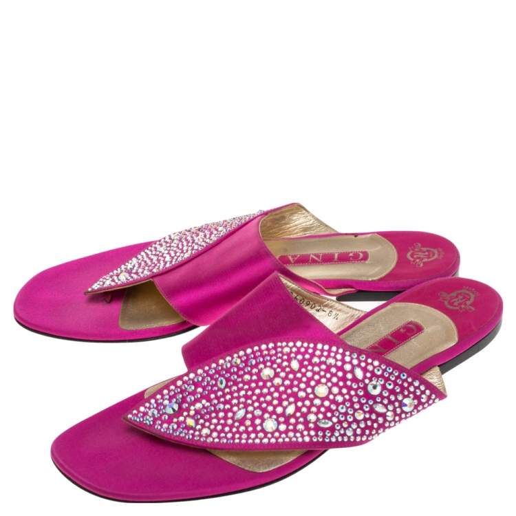 Pre Owned Gina Pink Satin Studded Flat Sandals Size 40.5
