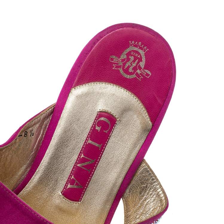 Pre Owned Gina Pink Satin Studded Flat Sandals Size 40.5