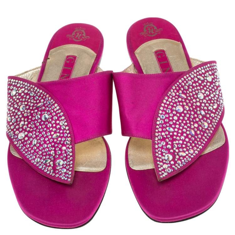 Pre Owned Gina Pink Satin Studded Flat Sandals Size 40.5