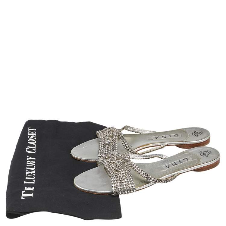 Pre Owned Gina Silver Crystal Embellished Leather Flat Slides Size  41.5