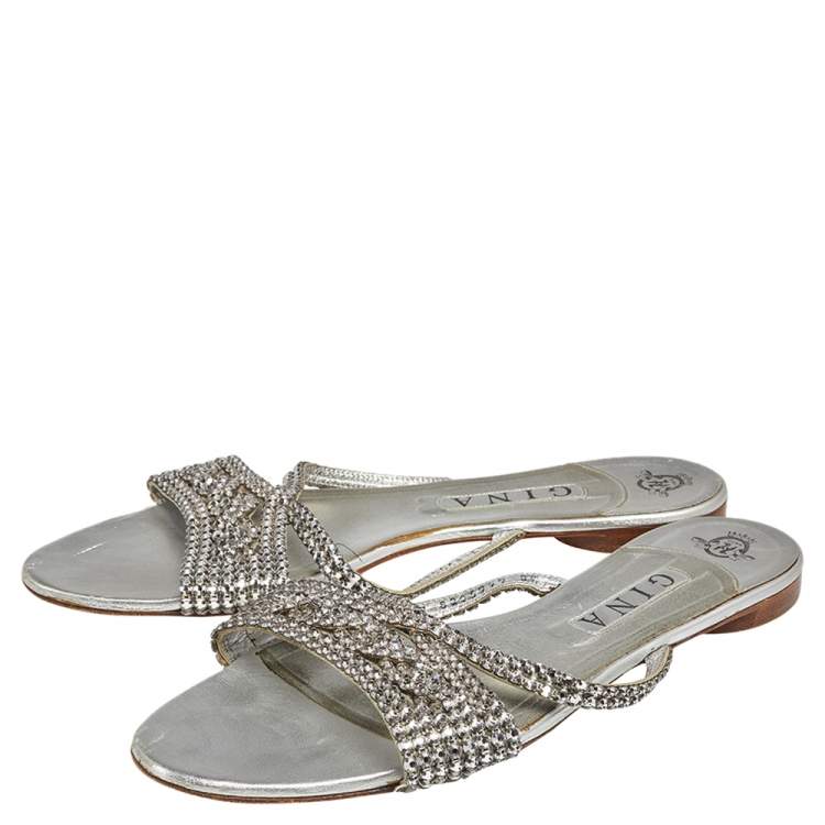 Pre Owned Gina Silver Crystal Embellished Leather Flat Slides Size  41.5