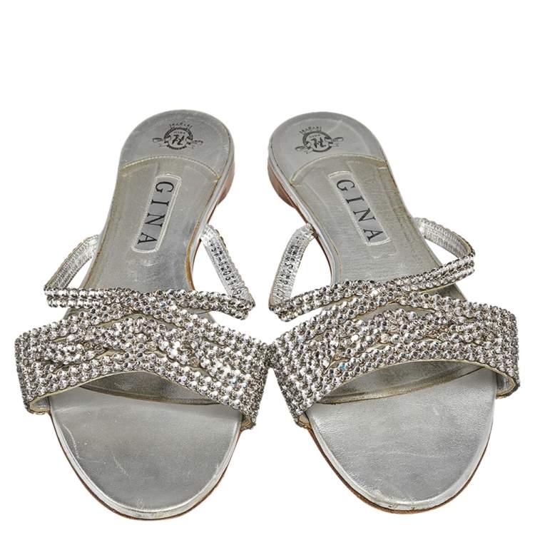 Pre Owned Gina Silver Crystal Embellished Leather Flat Slides Size  41.5