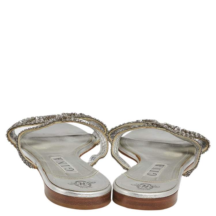 Pre Owned Gina Silver Crystal Embellished Leather Flat Slides Size  41.5