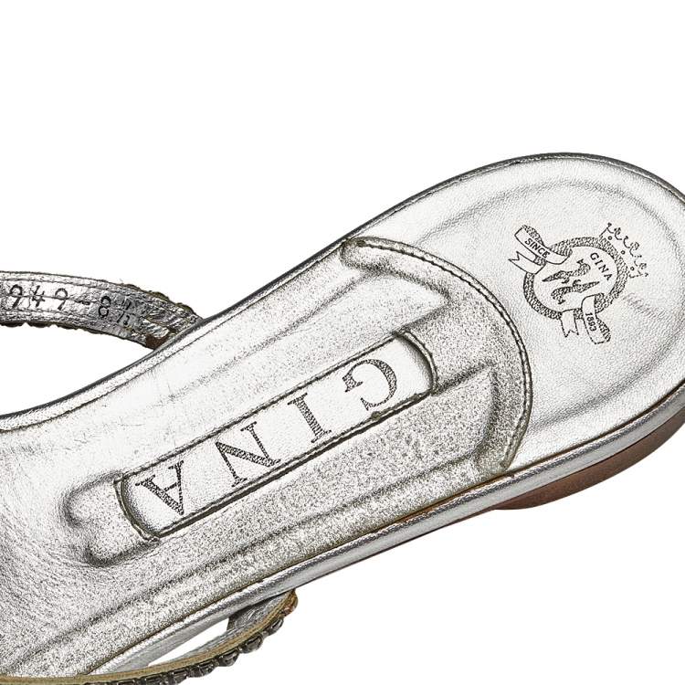 Pre Owned Gina Silver Crystal Embellished Leather Flat Slides Size  41.5