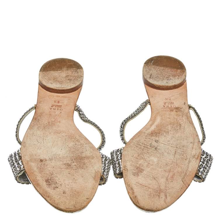 Pre Owned Gina Silver Crystal Embellished Leather Flat Slides Size  41.5