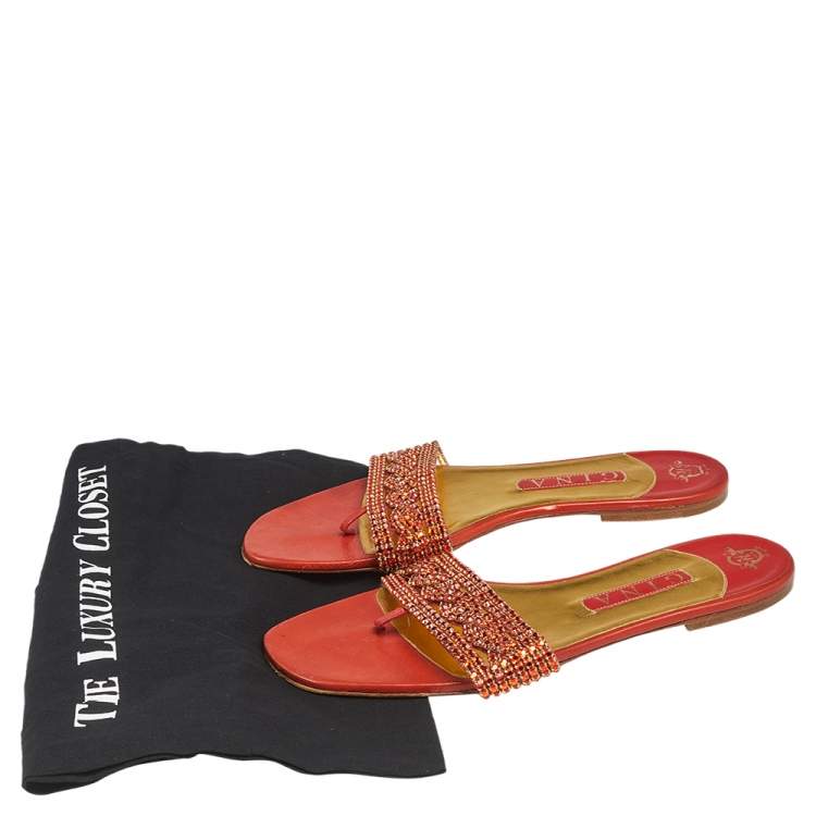 Pre Owned Gina Red Leather Crystal Embellished Slide Flats Size 41