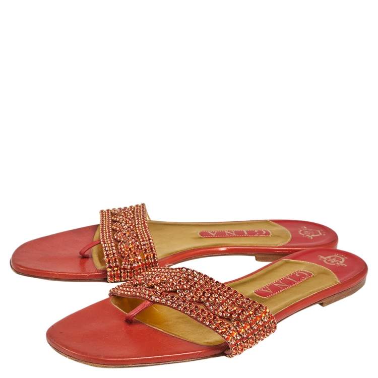 Pre Owned Gina Red Leather Crystal Embellished Slide Flats Size 41