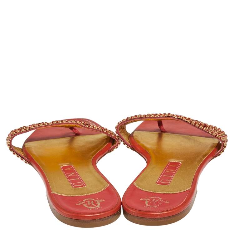 Pre Owned Gina Red Leather Crystal Embellished Slide Flats Size 41